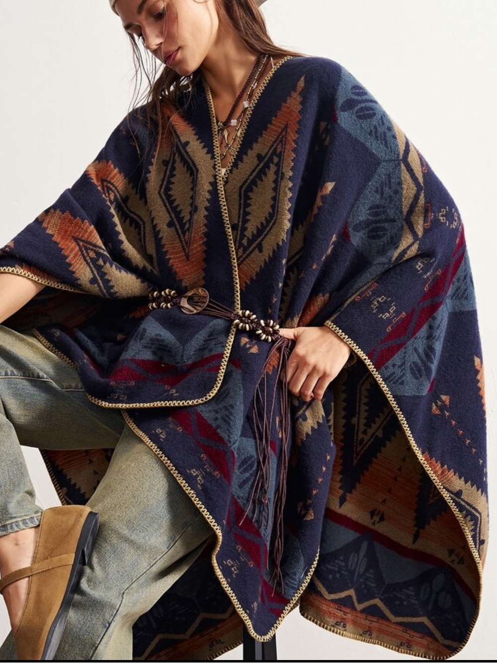 Luxe Cozy Boho Patterned Navy Poncho Knit Sweater